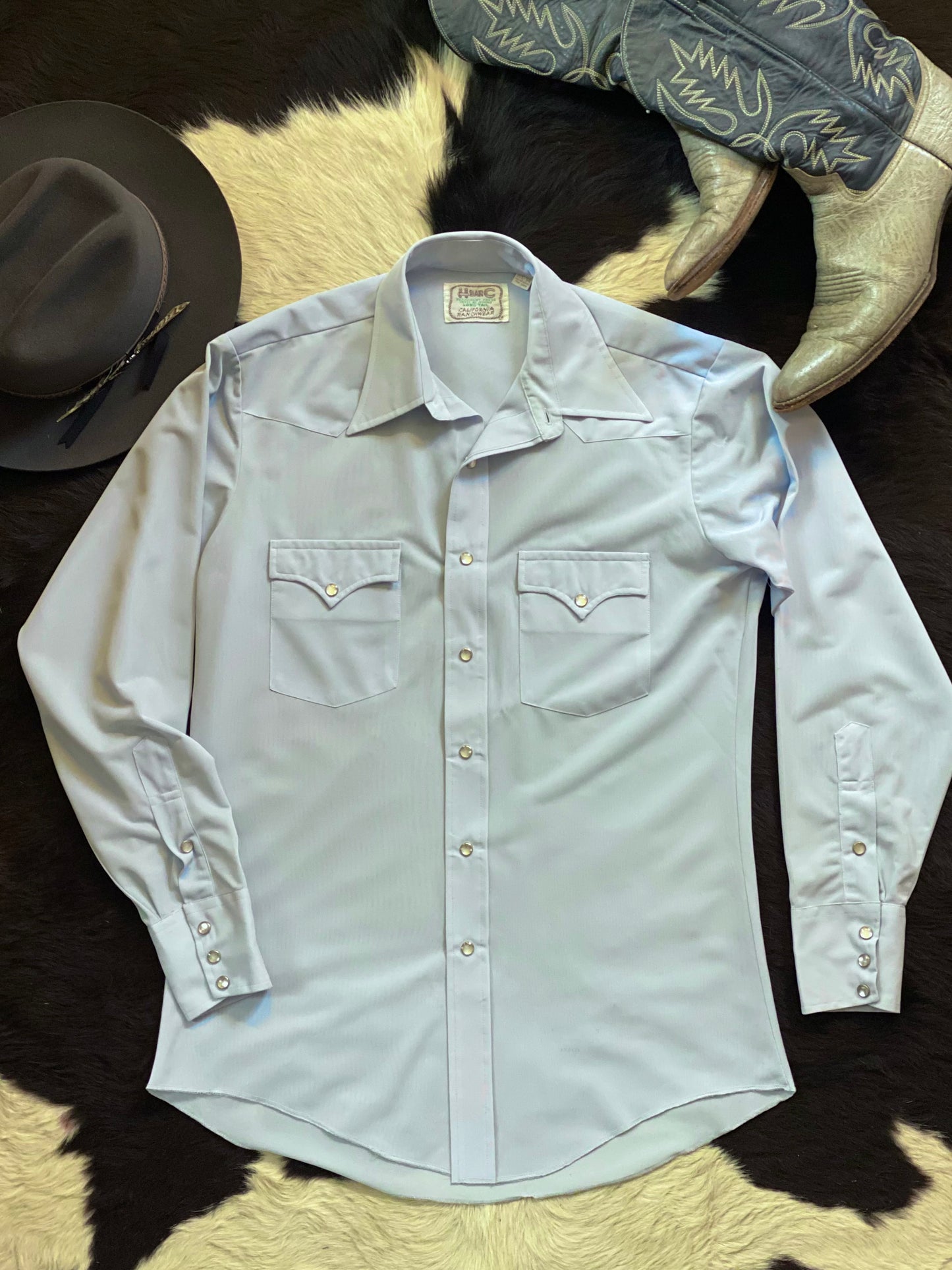Vintage H Bar C Western Pearl Snap Button Down Shirt | Baby Blue | Mens 15 1/2-34