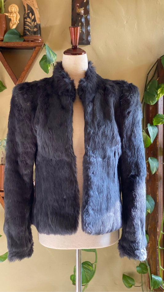 Vintage Gray Fur Coat | Genuine Rabbit Fur | 1980's waist-length, mock collar, shoulder pads, pockets, glam, formal | Womens XS-S