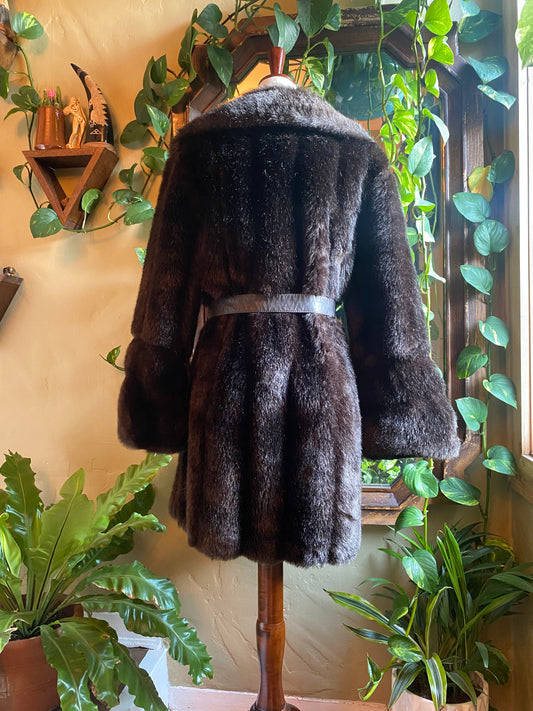Vintage Chocolate Faux Fur Coat w/ Belt | plush, luxurious old Hollywood glam, big bell sleeves, oversized collar | Women's L