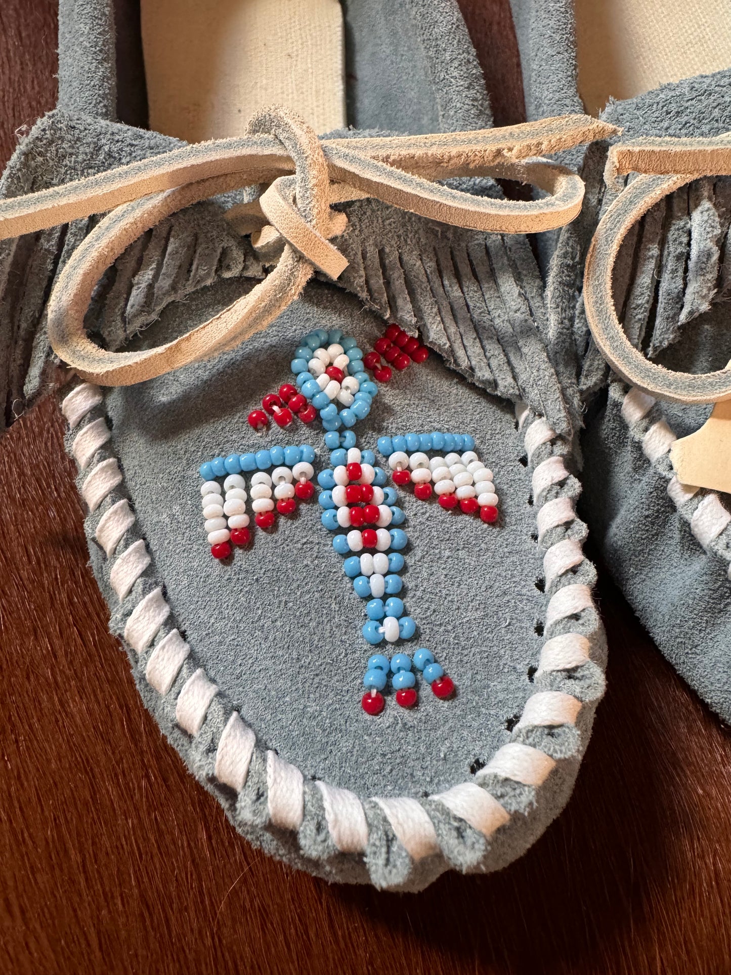 Hand-Made Moccasins, Baby Blue Leather | Beaded Thunderbird | Cherokee Native American | 6