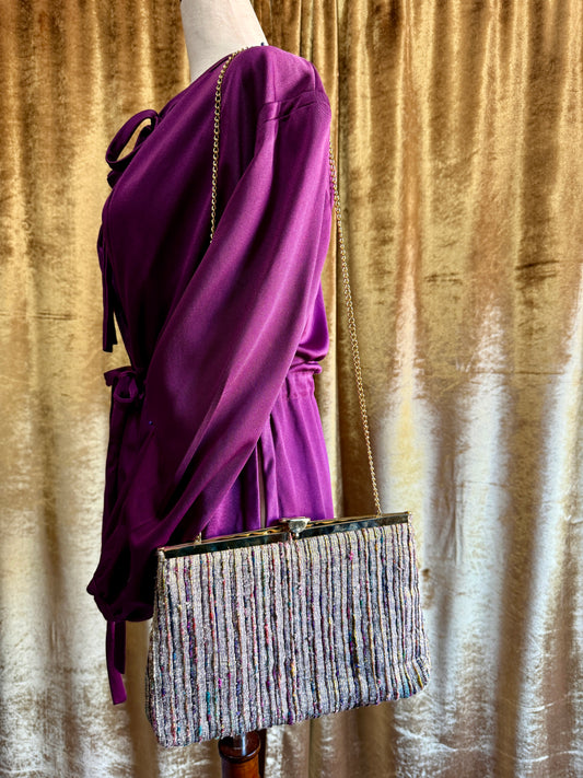 Vintage Purse | Versatile Clutch, Shoulder, Crossbody | 1970s Disco Era, MultiColor, Gold, Chain Strap