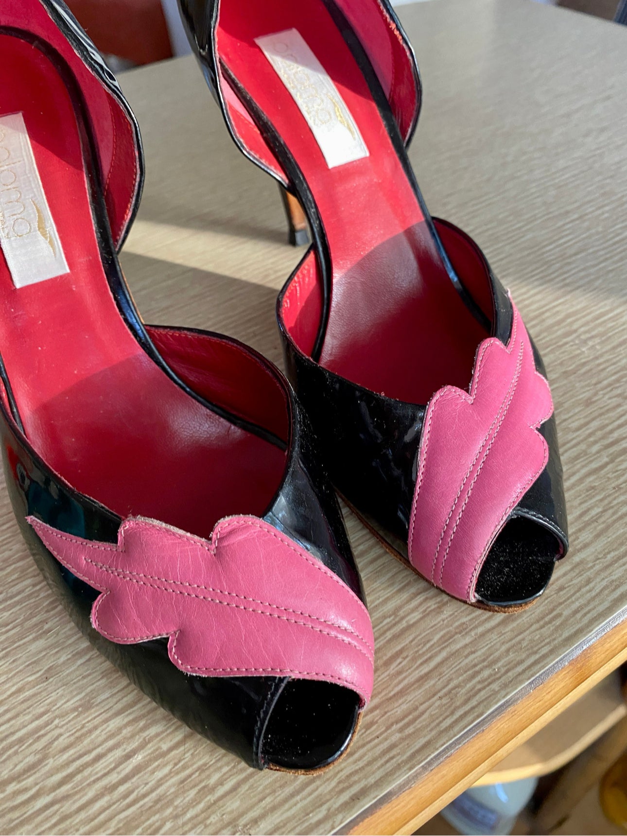 Vintage 1950's Patent Peep-Toe Heels, Black & Bubble Gum Pink w/ Lipstick Red Suede interior, Sz 36B EU 4.5BUS