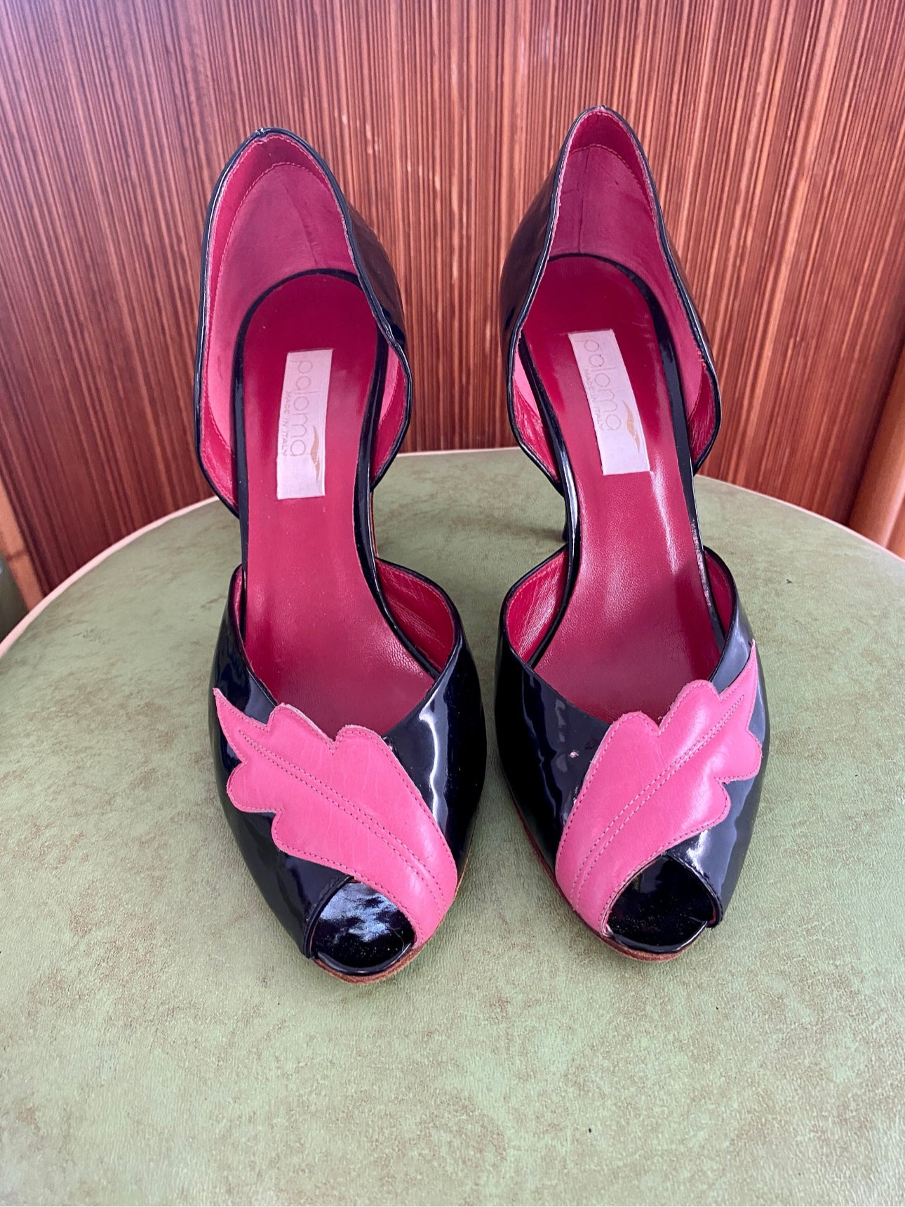 Vintage 1950's Patent Peep-Toe Heels, Black & Bubble Gum Pink w/ Lipstick Red Suede interior, Sz 36B EU 4.5BUS
