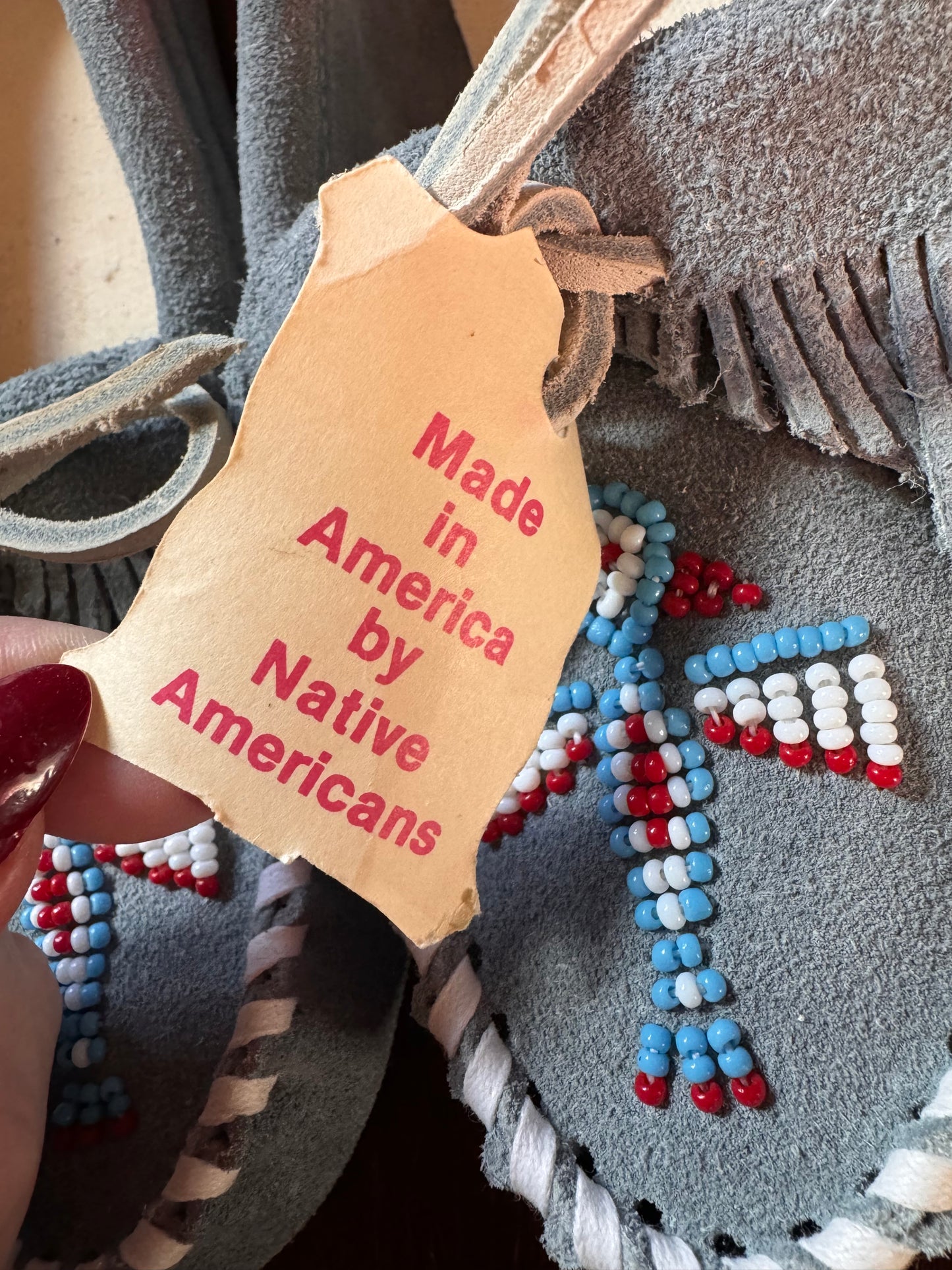 Hand-Made Moccasins, Baby Blue Leather | Beaded Thunderbird | Cherokee Native American | 6