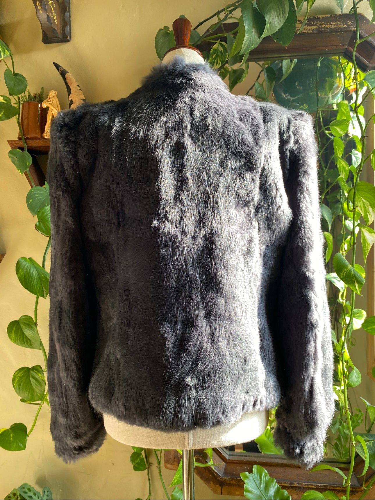 Vintage Gray Fur Coat | Genuine Rabbit Fur | 1980's waist-length, mock collar, shoulder pads, pockets, glam, formal | Womens XS-S