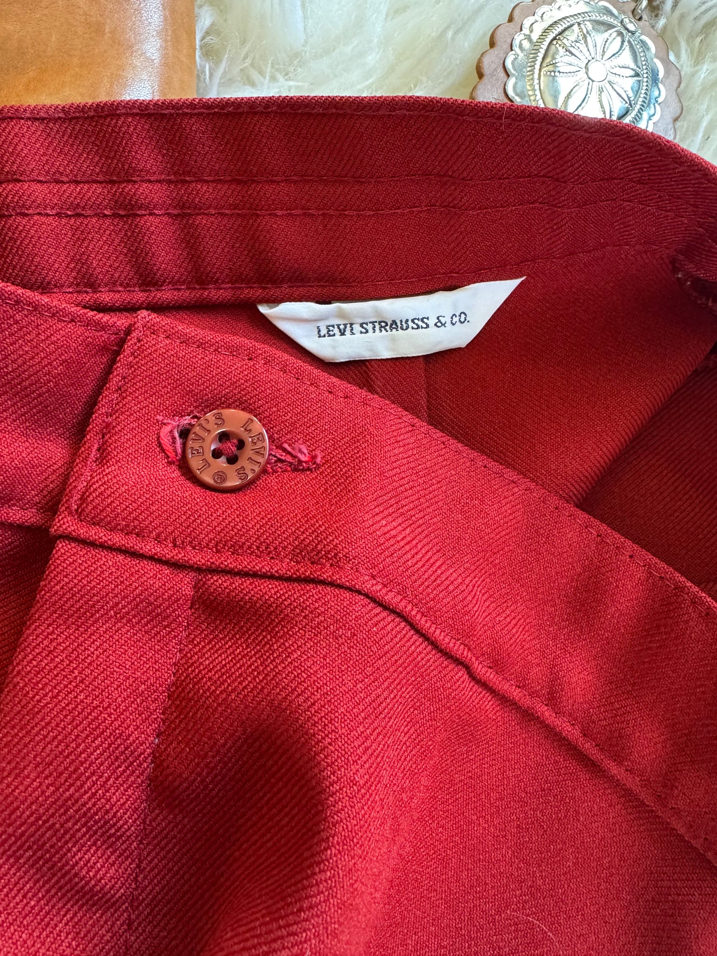 Vintage Levi’s Slacks, Womens, Red, Wide Leg, 1970’s High Rise