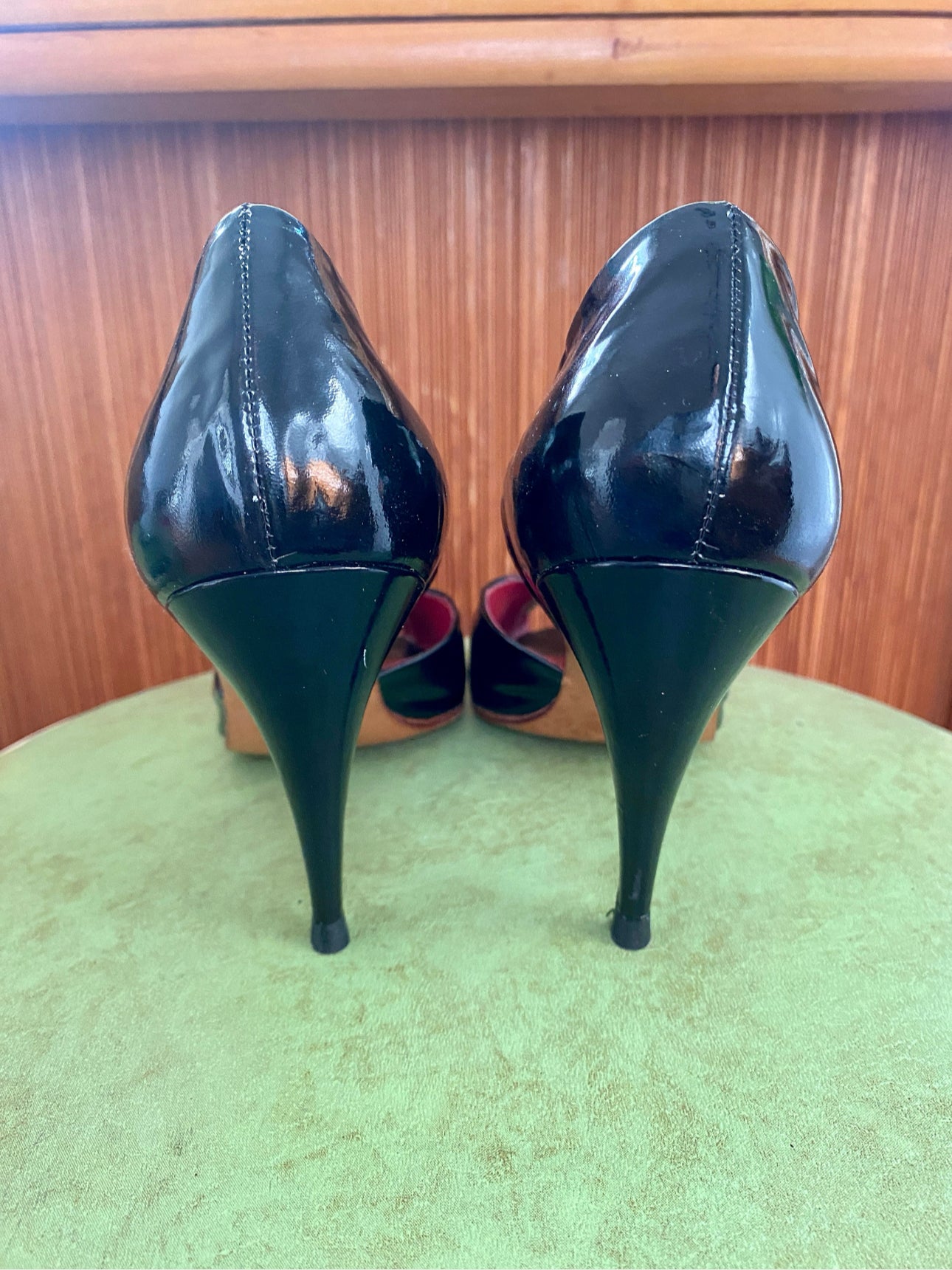 Vintage 1950's Patent Peep-Toe Heels, Black & Bubble Gum Pink w/ Lipstick Red Suede interior, Sz 36B EU 4.5BUS