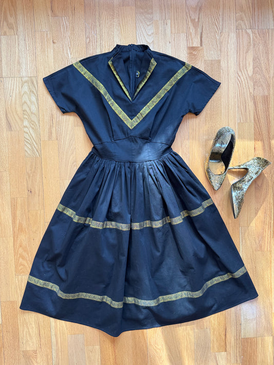 1950’s Inspired Western Patio Dress, Black & Metallic Gold | XS