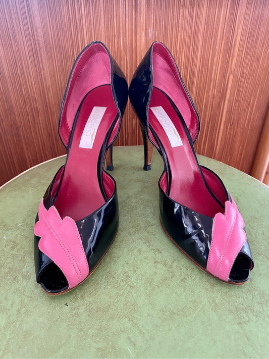 Vintage 1950's Patent Peep-Toe Heels, Black & Bubble Gum Pink w/ Lipstick Red Suede interior, Sz 36B EU 4.5BUS