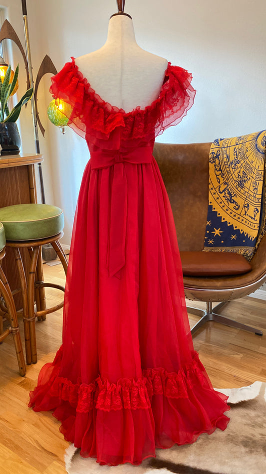 Vintage Dress, ILGWU, Red Chiffon 70’s 80s | XS