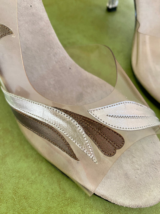 1950's Vintage Lucite Heels by Onex | Clear | Size 7.5 | Silver, Brown | Slingback