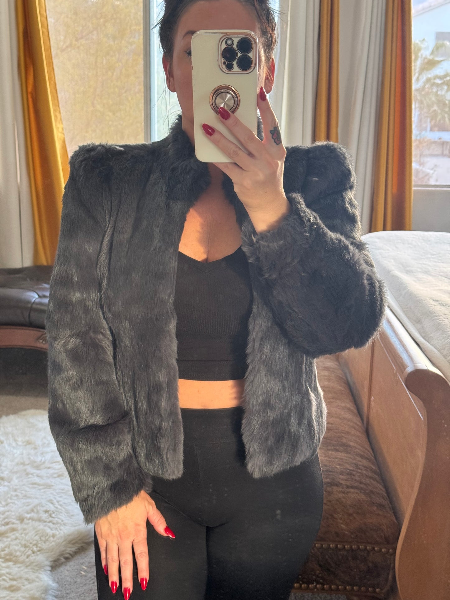 Vintage Gray Fur Coat | Genuine Rabbit Fur | 1980's waist-length, mock collar, shoulder pads, pockets, glam, formal | Womens XS-S