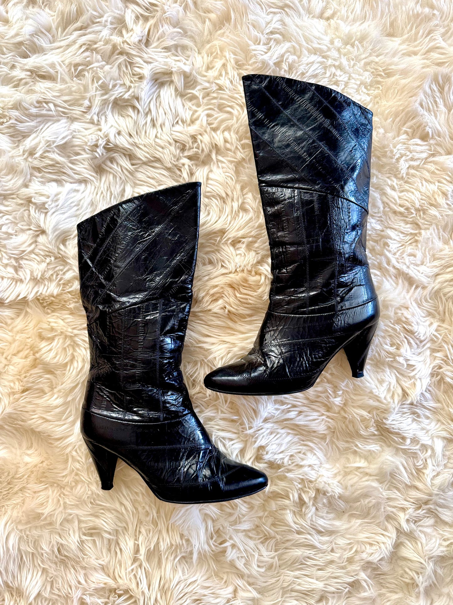 Women’s Vintage 1970’s Black Eel Skin Boots, 6 W