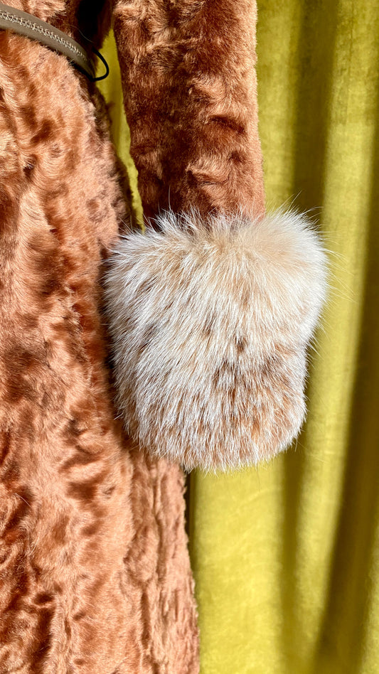 Vintage Curly Lamb Fur Coat w/ Ultra Plush Fox Fur Collar & Cuffs | Penny Lane | Buttons, Leather Belt, Fully Lined, XS/S