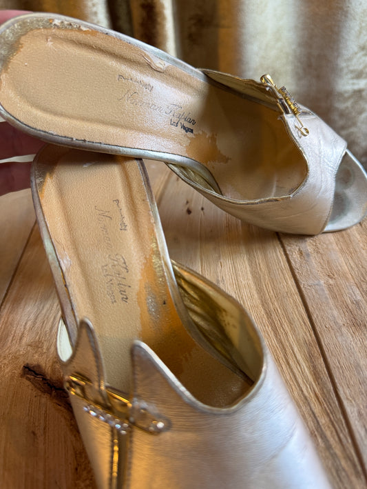 Vintage Lucite High Heels, Gold | Sz 7