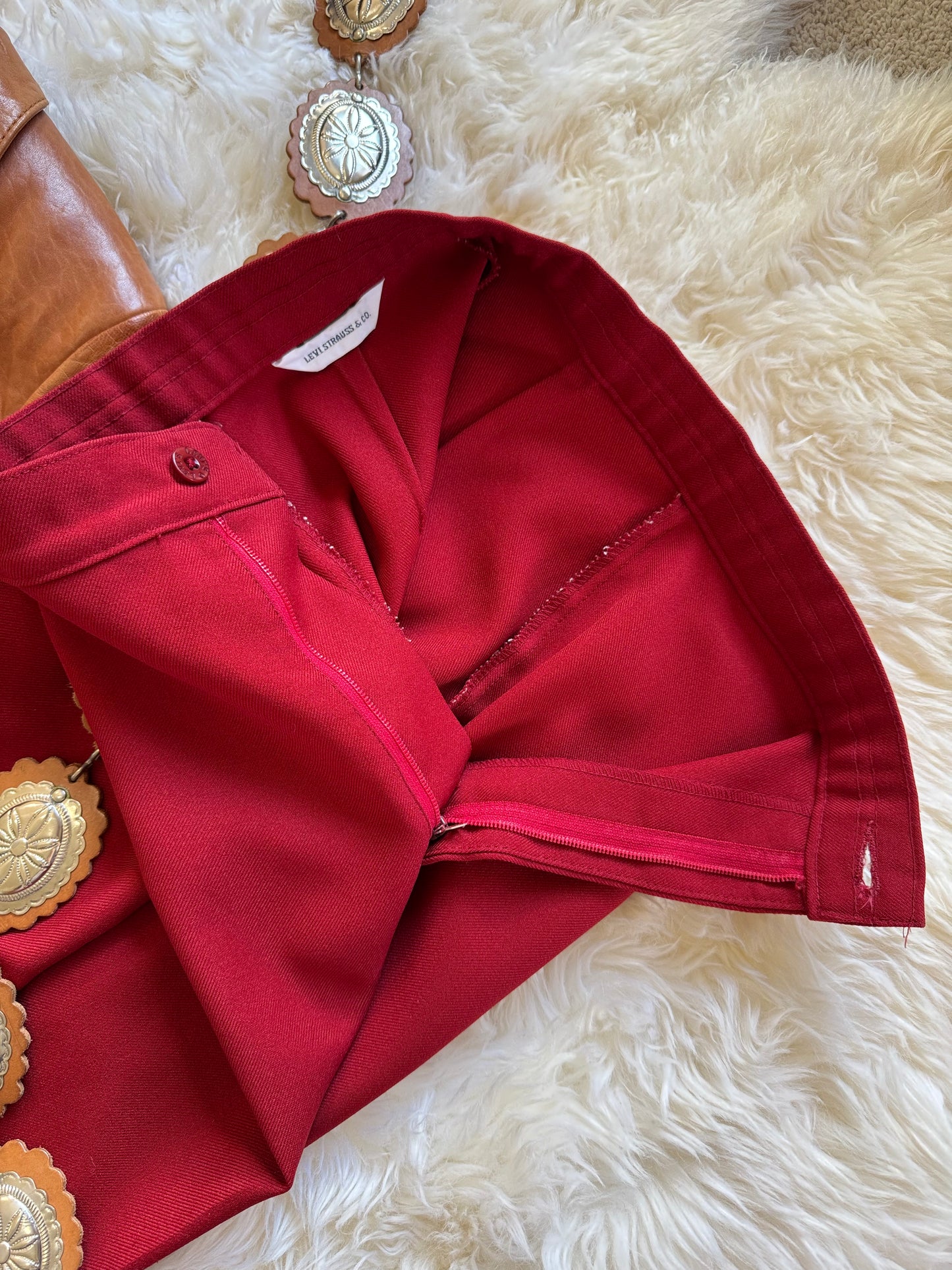 Vintage Levi’s Slacks, Womens, Red, Wide Leg, 1970’s High Rise