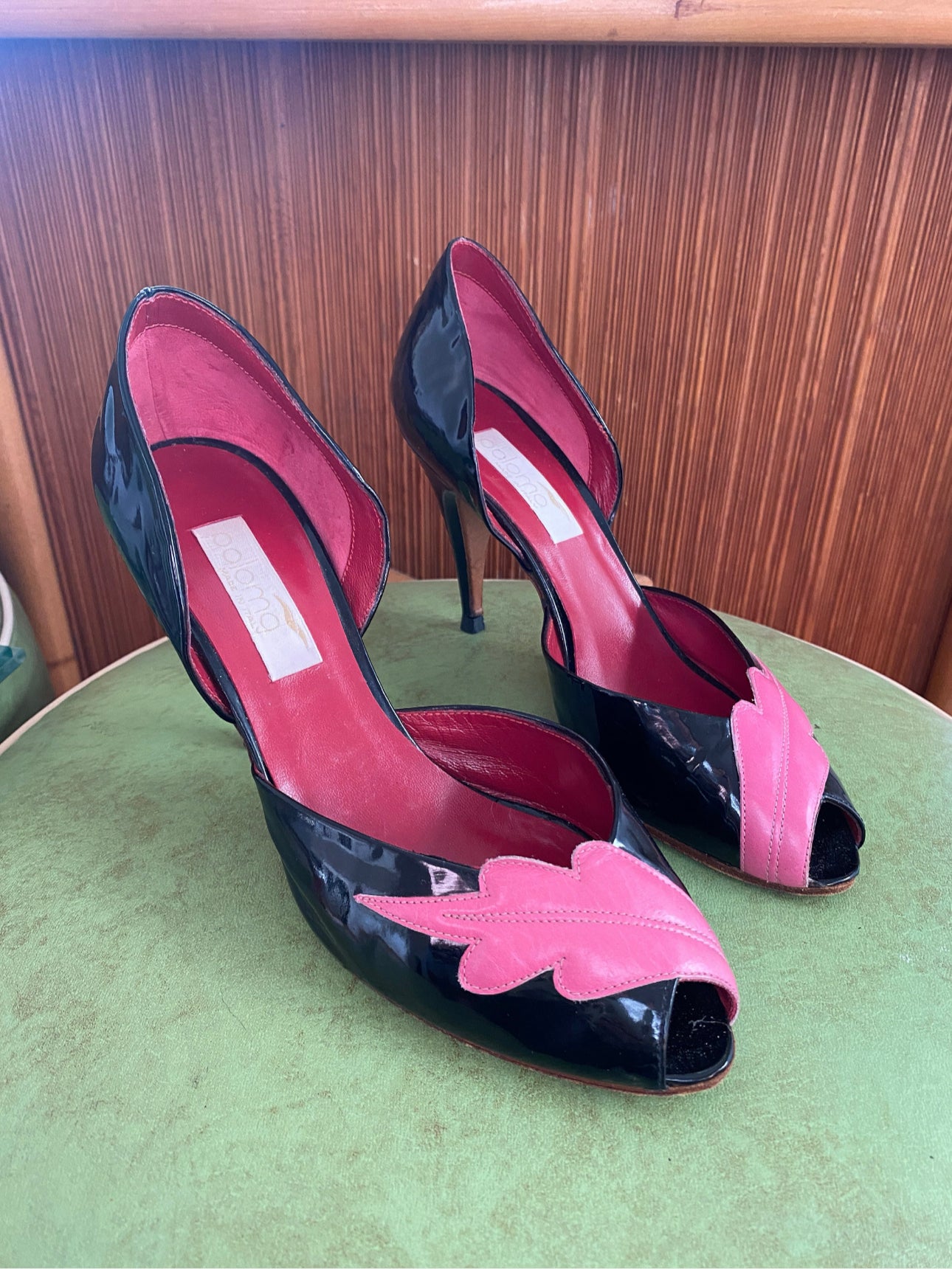 Vintage 1950's Patent Peep-Toe Heels, Black & Bubble Gum Pink w/ Lipstick Red Suede interior, Sz 36B EU 4.5BUS