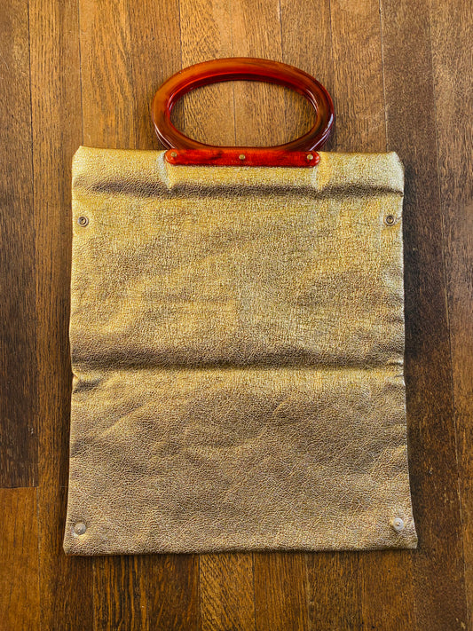 Vintage Gold Lamé Purse, Clutch, Folding Handbag, 1960s 1970s, Snap Button, Cognac Brown Lucite Handles, Disco Queen