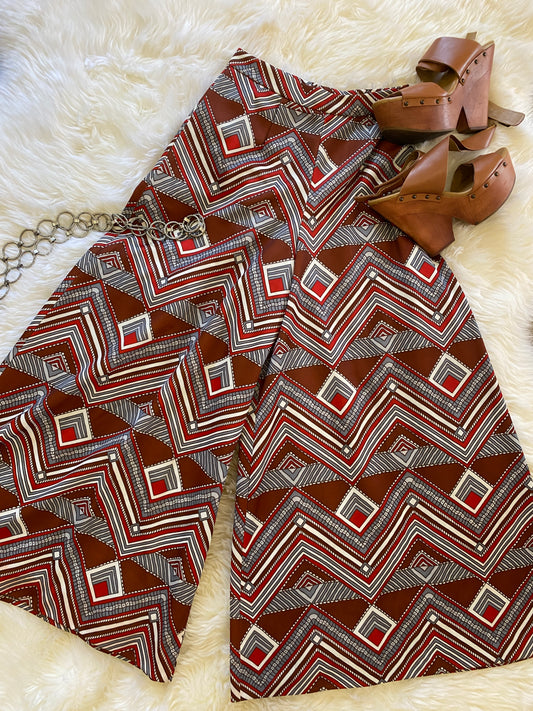 Vintage Gaucho Pants, 1960s 1970s, Great Abstract Chevron Striped Pattern in Brown Red and White, Great