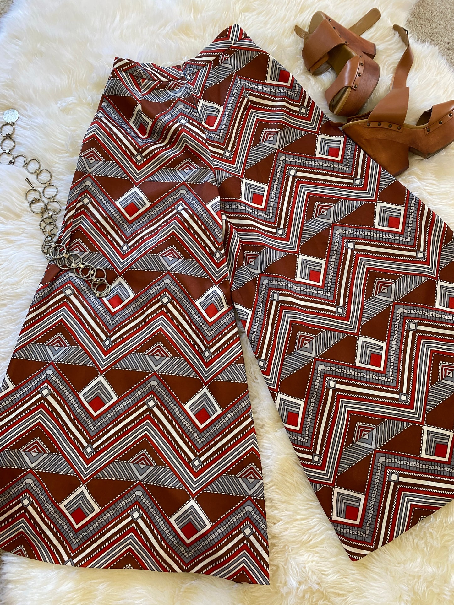 Vintage Gaucho Pants, 1960s 1970s, Great Abstract Chevron Striped Pattern in Brown Red and White, Great