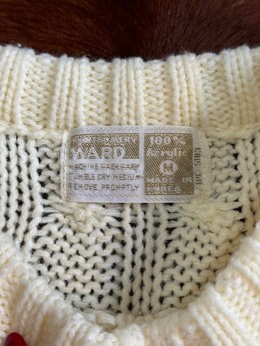 Vintage Cable Knit Sweater, 1970’s 1980’s Ivory, Cream, Montgomery Ward, Sz M/L