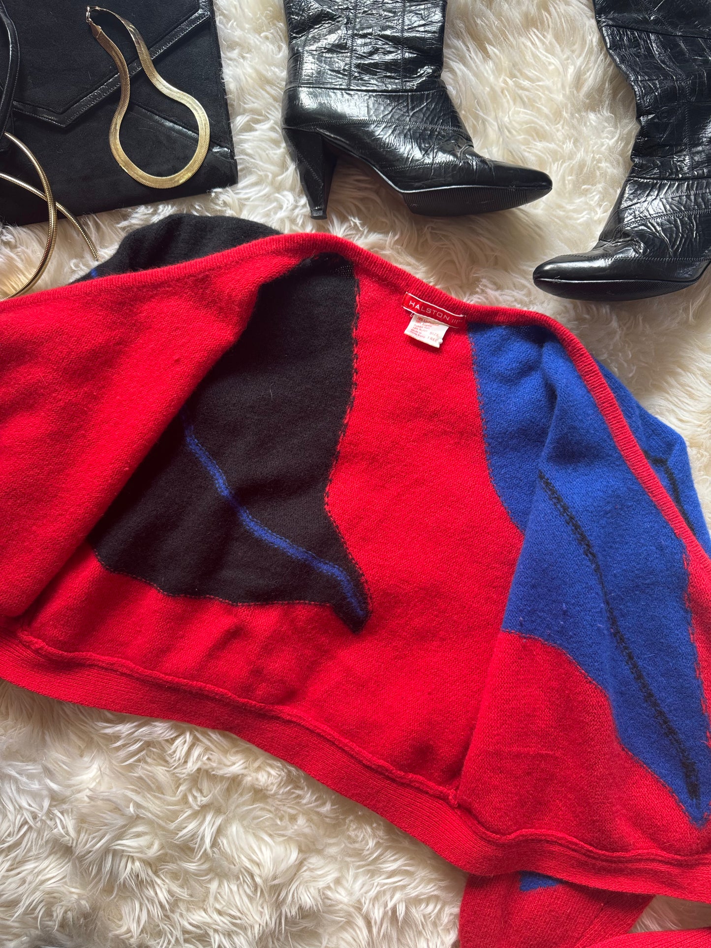 Vintage Halston III Angora Wrap Color Block Sweater | Blue, Black, Red