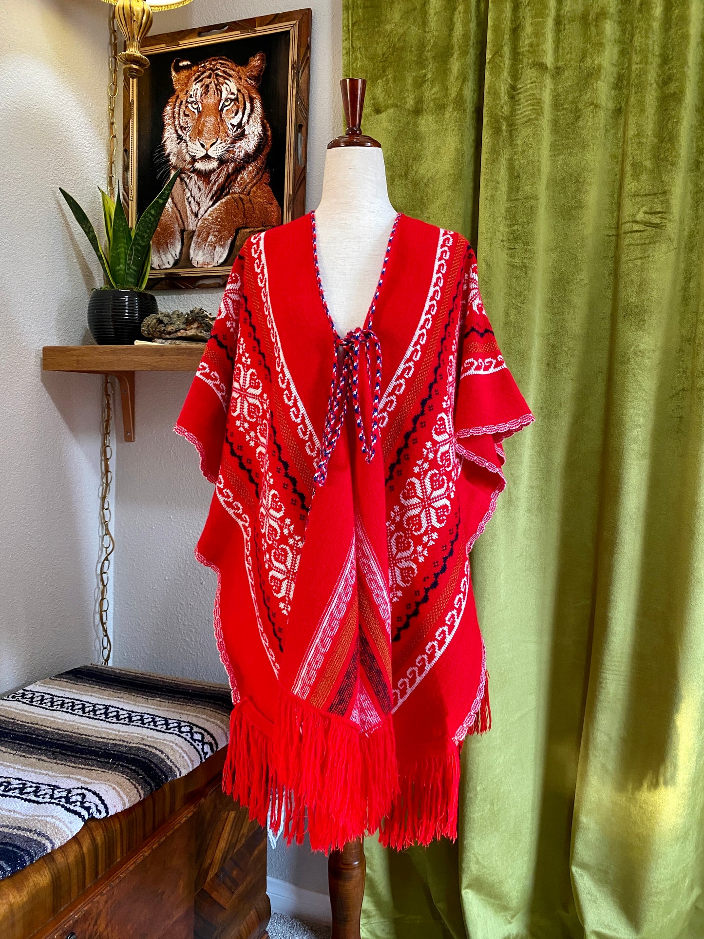 Vintage Southwest Poncho Knit Sweater w/ fringe | 1960s 1970s | Red White & Blue | OS