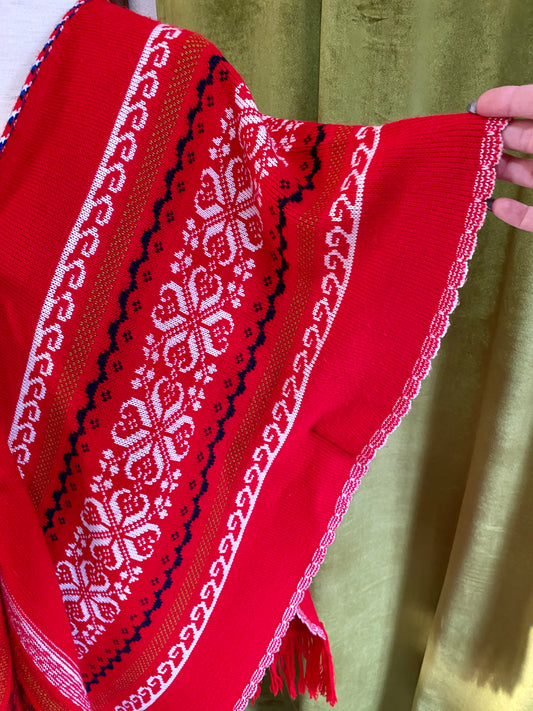 Vintage Southwest Poncho Knit Sweater w/ fringe | 1960s 1970s | Red White & Blue | OS