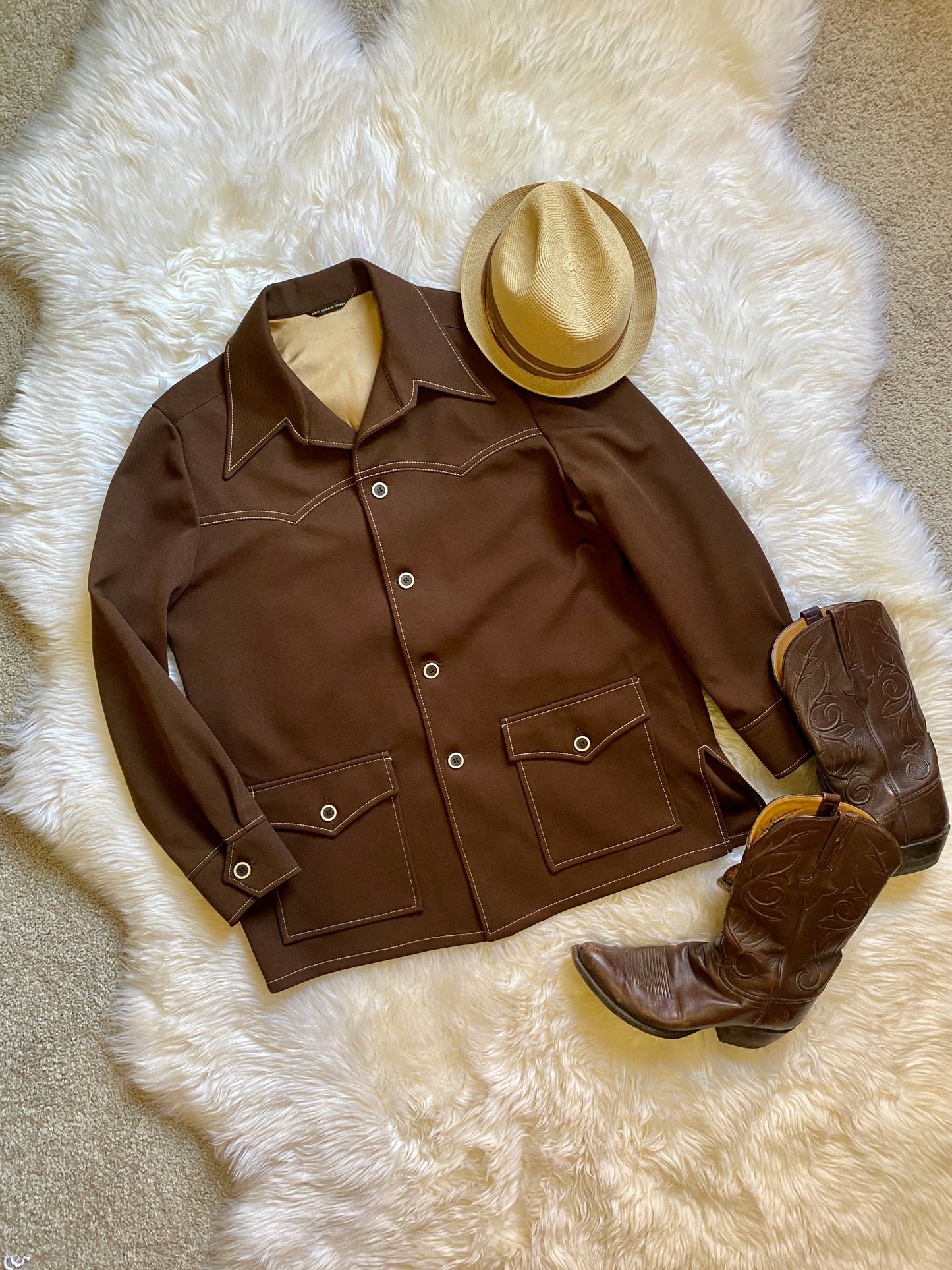 Vintage Mens Western Button-Down Shirt, 1970s, Brown Polyester, Lightweight with Front Patch Pockets