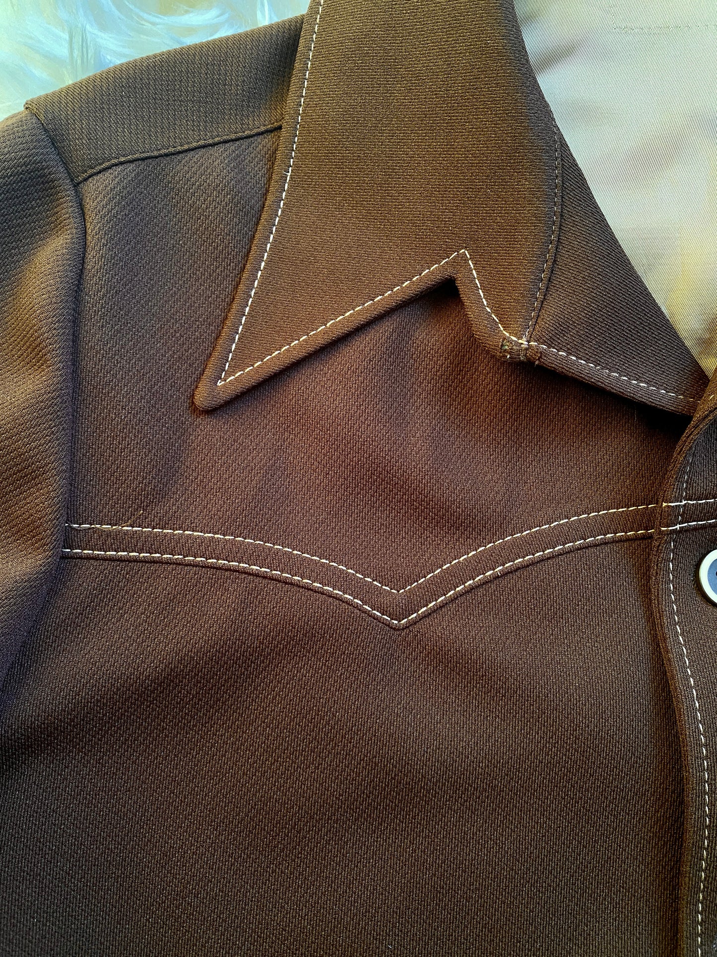 Vintage Mens Western Button-Down Shirt, 1970s, Brown Polyester, Lightweight with Front Patch Pockets