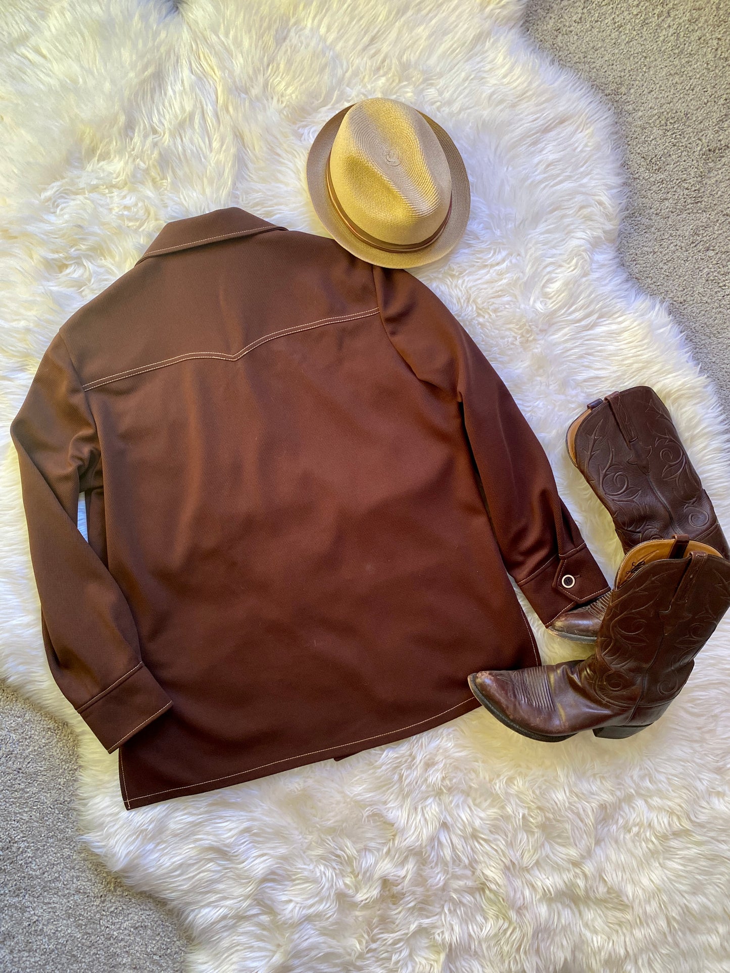 Vintage Mens Western Button-Down Shirt, 1970s, Brown Polyester, Lightweight with Front Patch Pockets