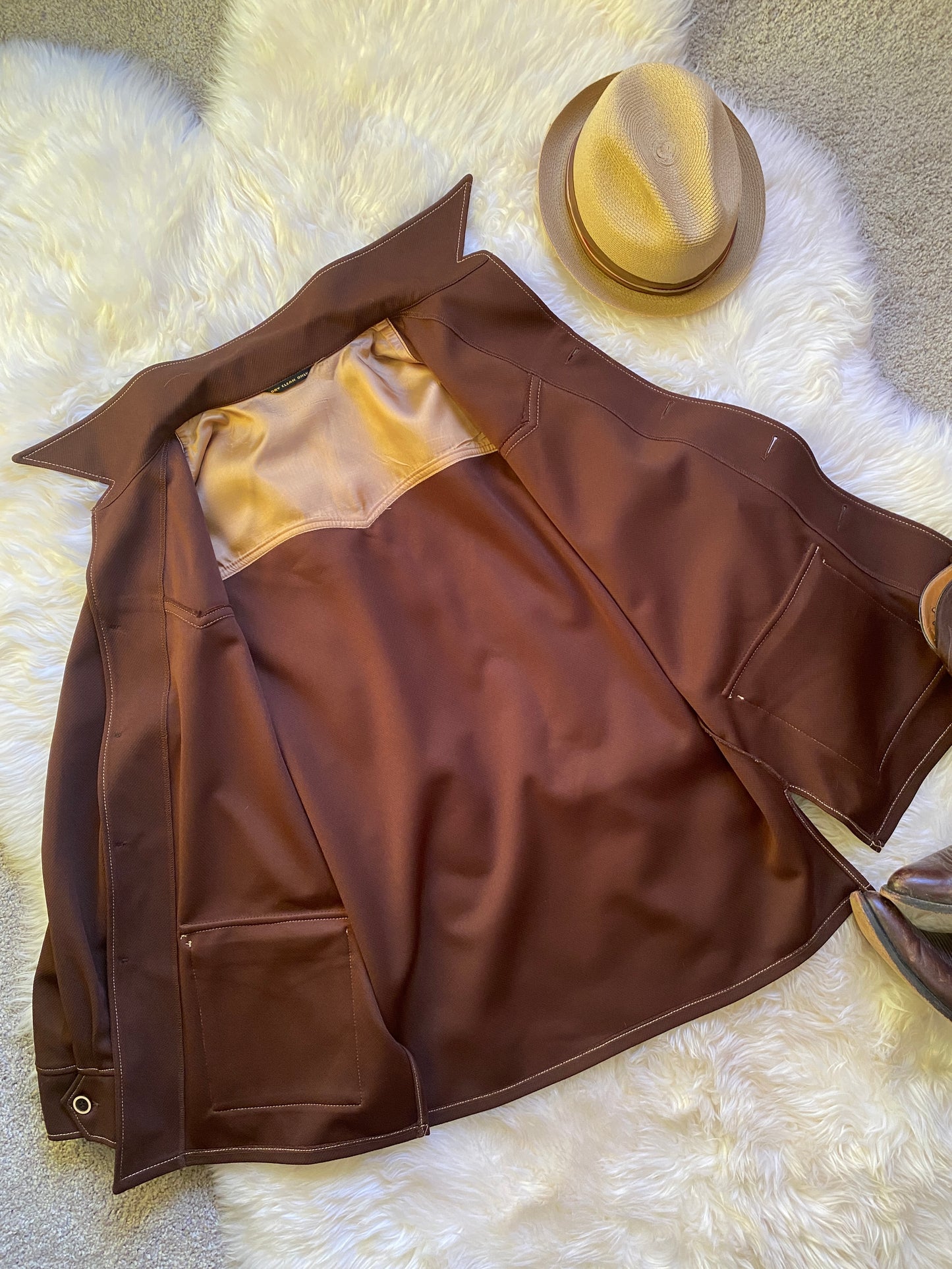 Vintage Mens Western Button-Down Shirt, 1970s, Brown Polyester, Lightweight with Front Patch Pockets