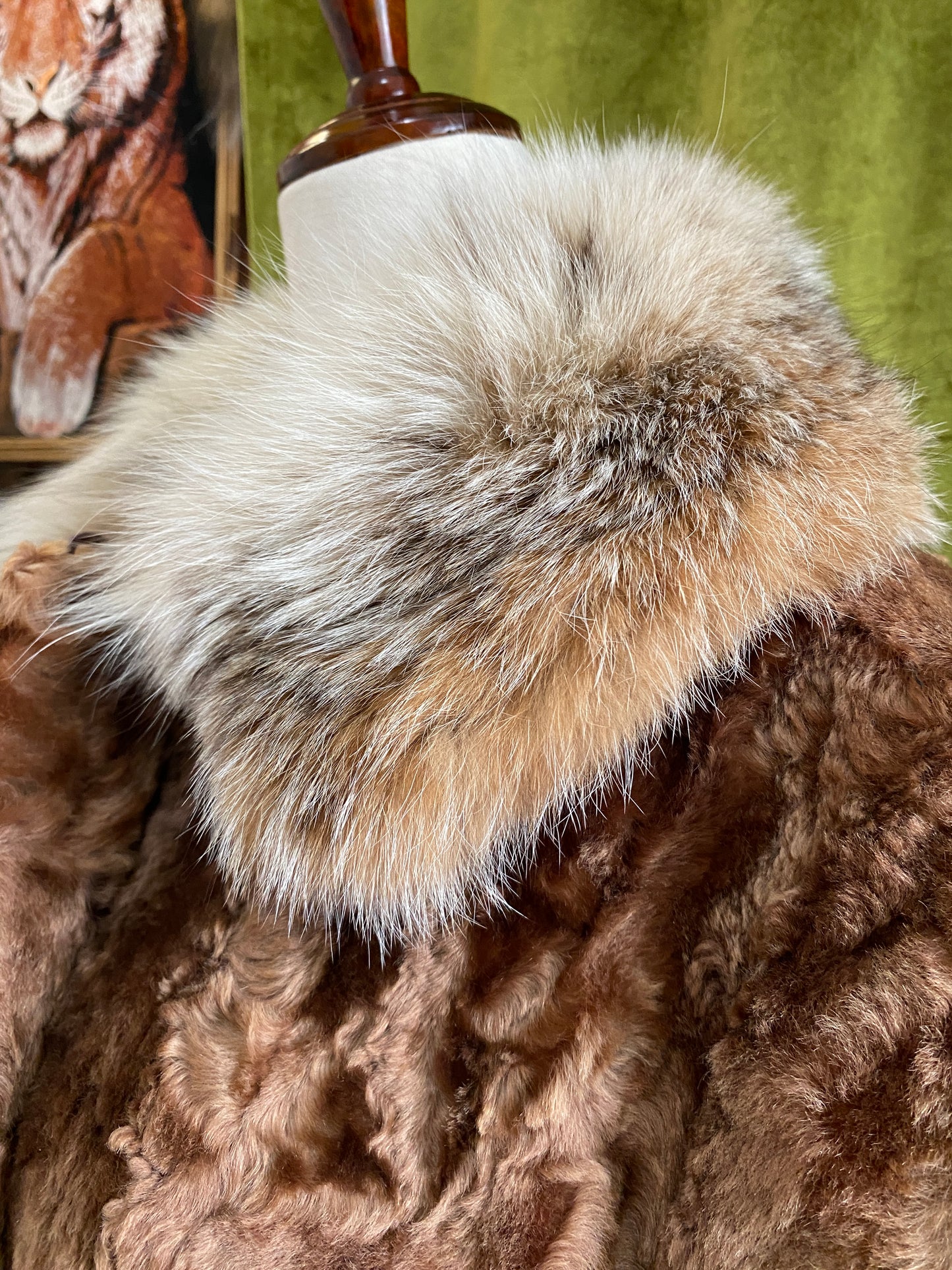 Vintage Curly Lamb Fur Coat w/ Ultra Plush Fox Fur Collar & Cuffs | Penny Lane | Buttons, Leather Belt, Fully Lined, XS/S