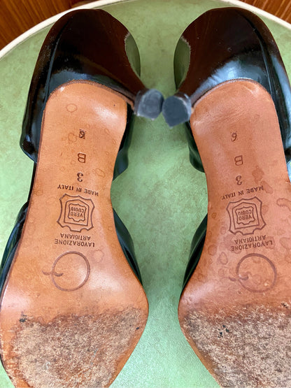 Vintage 1950's Patent Peep-Toe Heels, Black & Bubble Gum Pink w/ Lipstick Red Suede interior, Sz 36B EU 4.5BUS