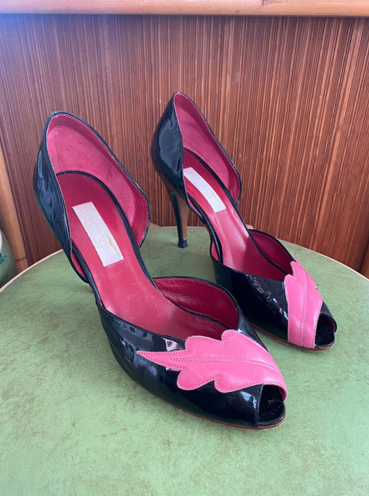 Vintage 1950's Patent Peep-Toe Heels, Black & Bubble Gum Pink w/ Lipstick Red Suede interior, Sz 36B EU 4.5BUS