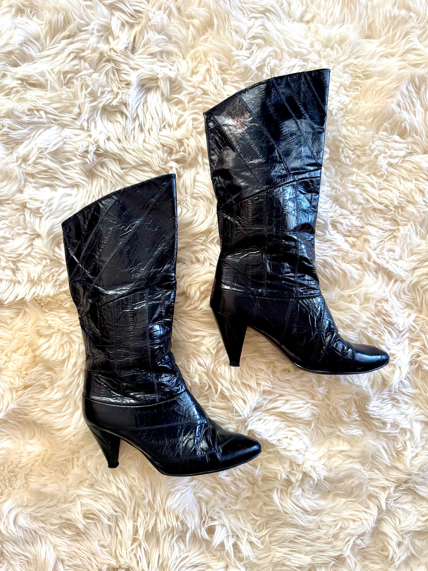 Women’s Vintage 1970’s Black Eel Skin Boots, 6 W