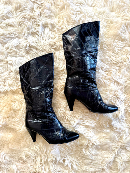 Women’s Vintage 1970’s Black Eel Skin Boots, 6 W