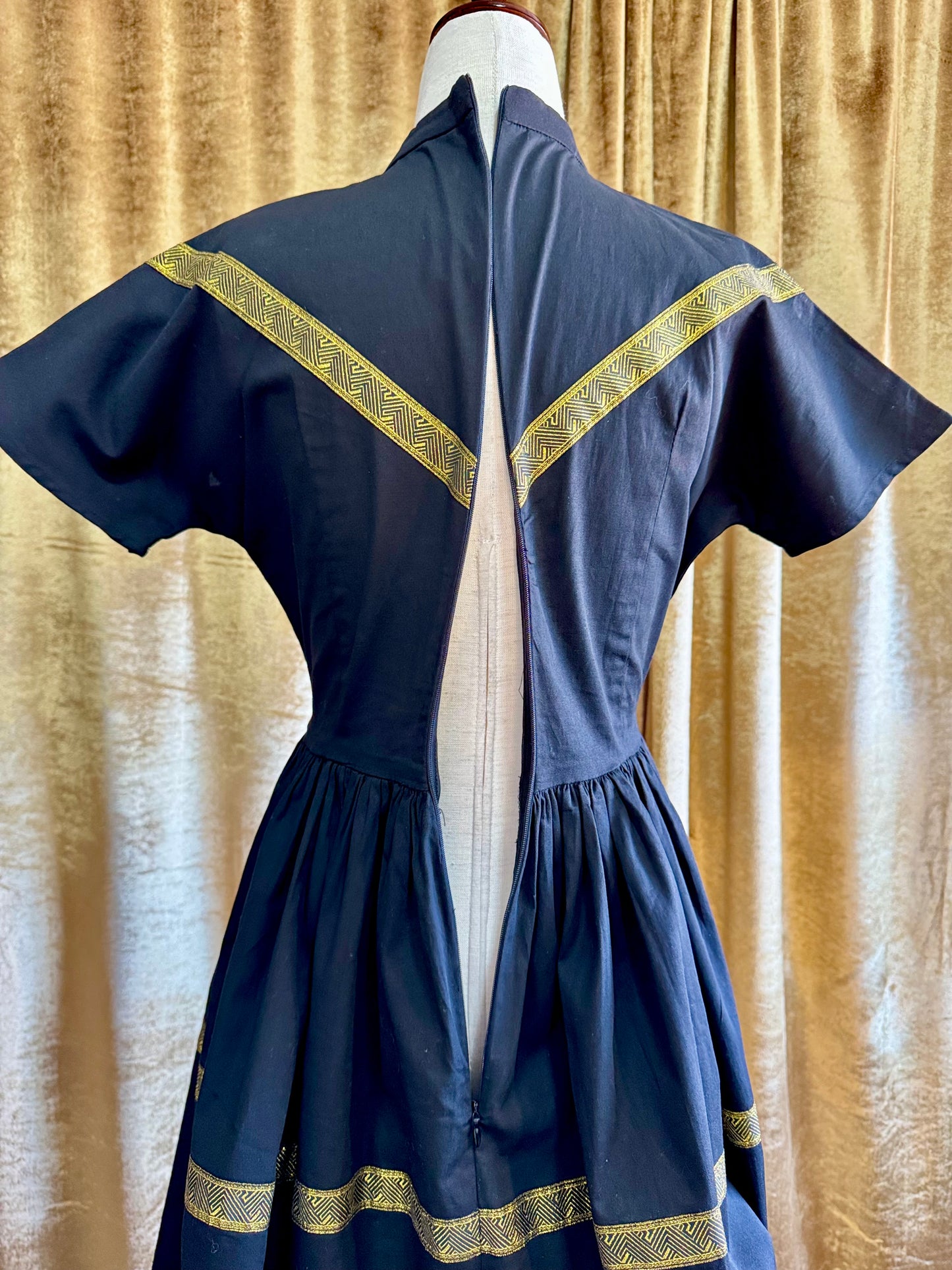 1950’s Inspired Western Patio Dress, Black & Metallic Gold | XS