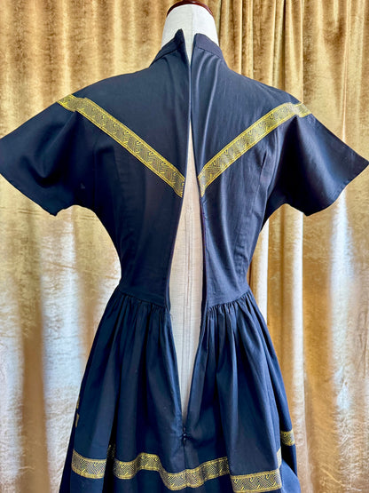 1950’s Inspired Western Patio Dress, Black & Metallic Gold | XS