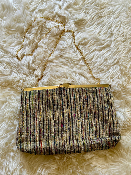 Vintage Purse | Versatile Clutch, Shoulder, Crossbody | 1970s Disco Era, MultiColor, Gold, Chain Strap