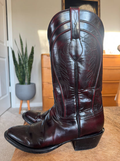 Lucchese Classics Handmade Black Cherry Goat Skin Leather Western Boots, Sz 10