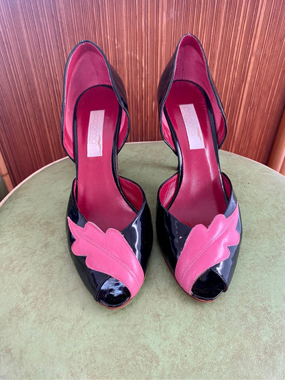 Vintage 1950's Patent Peep-Toe Heels, Black & Bubble Gum Pink w/ Lipstick Red Suede interior, Sz 36B EU 4.5BUS