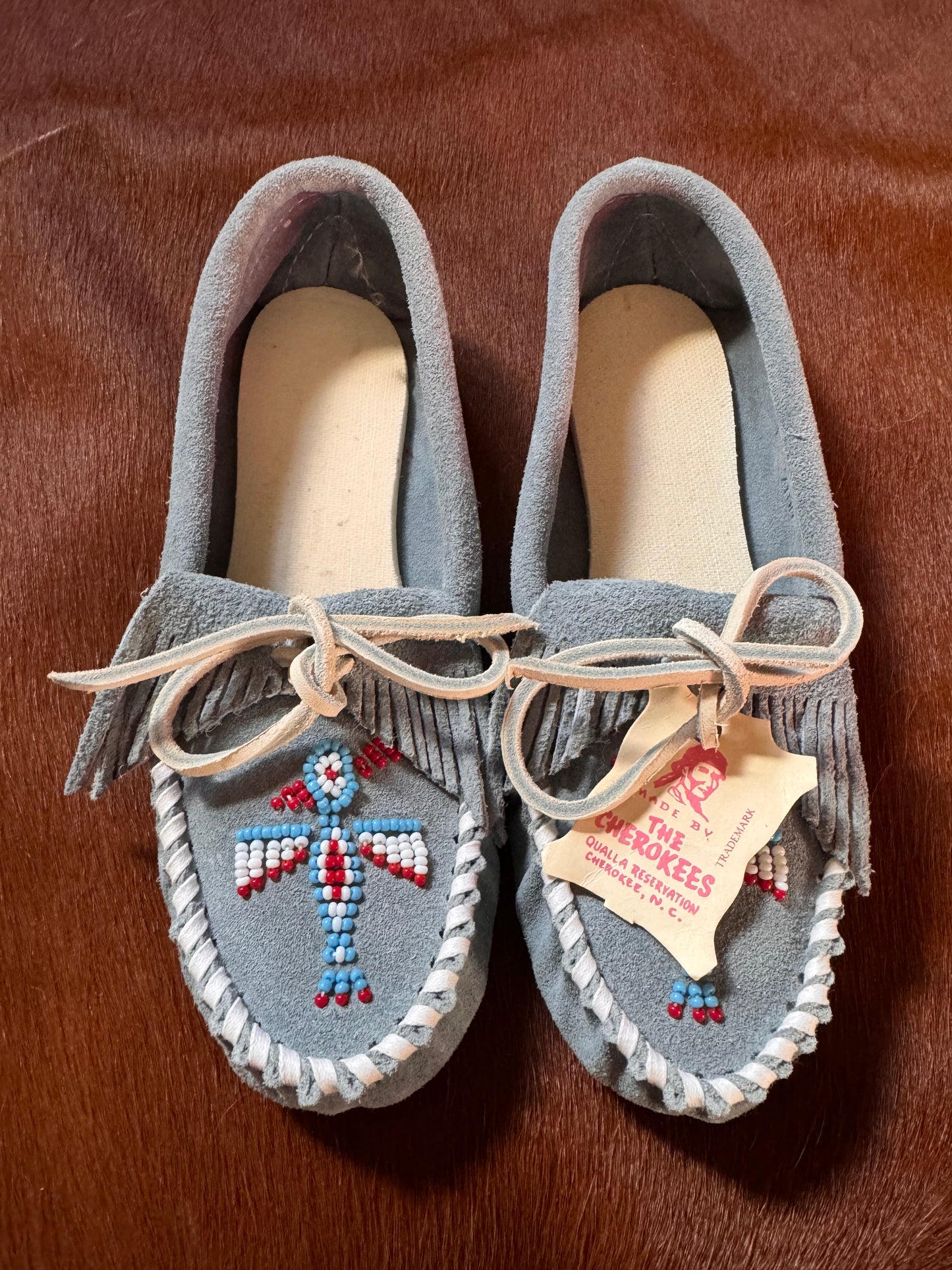 Hand-Made Moccasins, Baby Blue Leather | Beaded Thunderbird | Cherokee Native American | 6