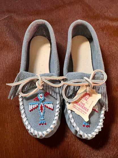Hand-Made Moccasins, Baby Blue Leather | Beaded Thunderbird | Cherokee Native American | 6