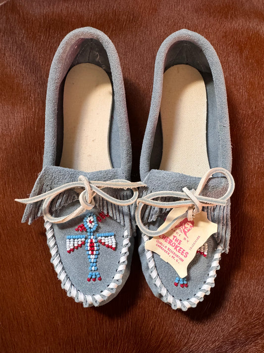 Hand-Made Moccasins, Baby Blue Leather | Beaded Thunderbird | Cherokee Native American | 6