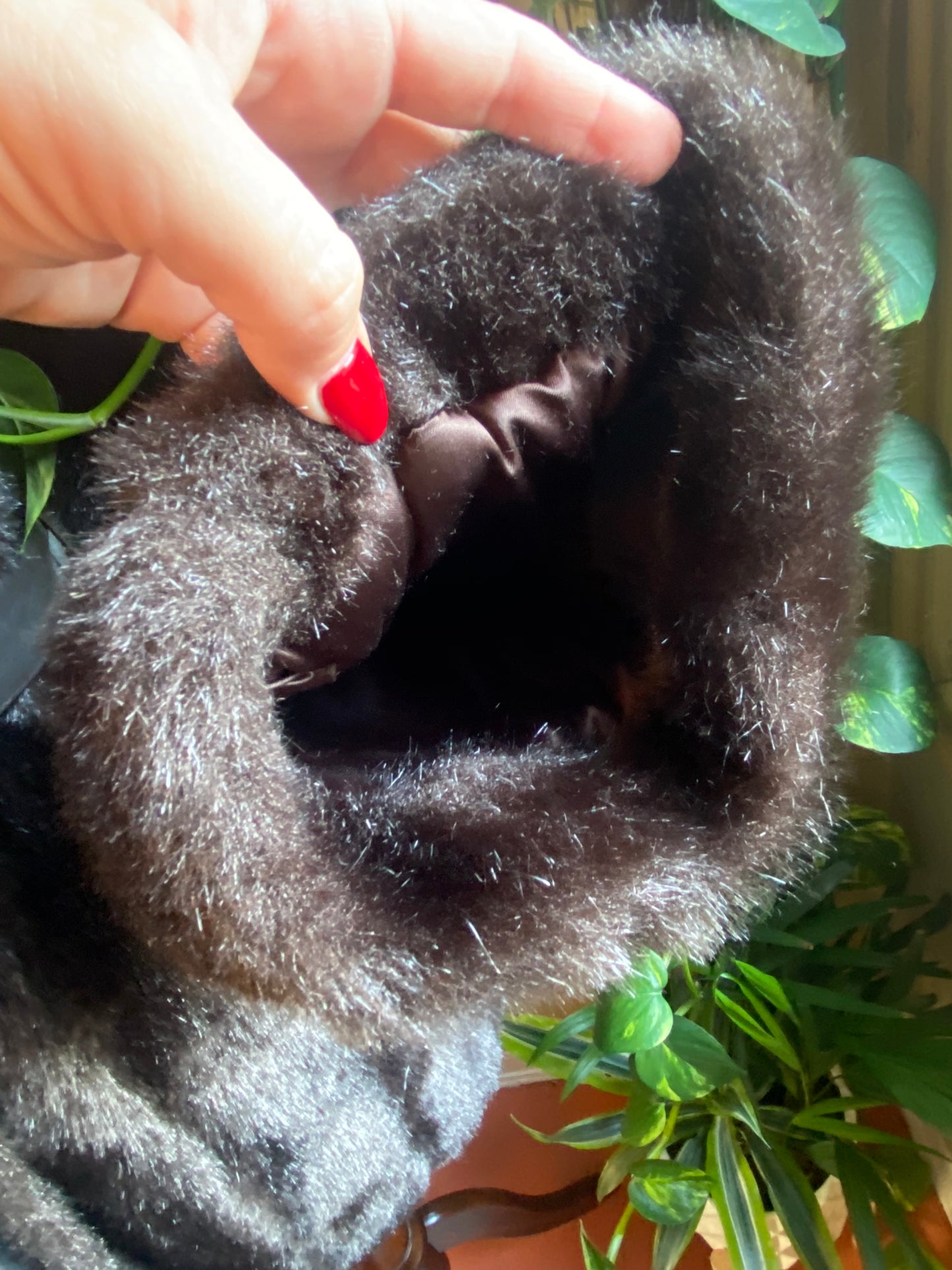 Vintage Chocolate Faux Fur Coat w/ Belt | plush, luxurious old Hollywood glam, big bell sleeves, oversized collar | Women's L