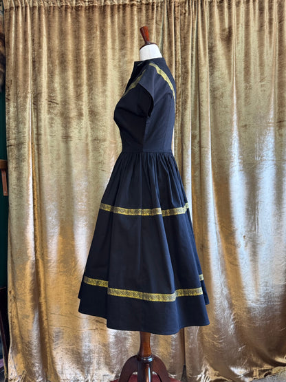 1950’s Inspired Western Patio Dress, Black & Metallic Gold | XS