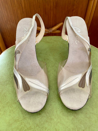 1950's Vintage Lucite Heels by Onex | Clear | Size 7.5 | Silver, Brown | Slingback
