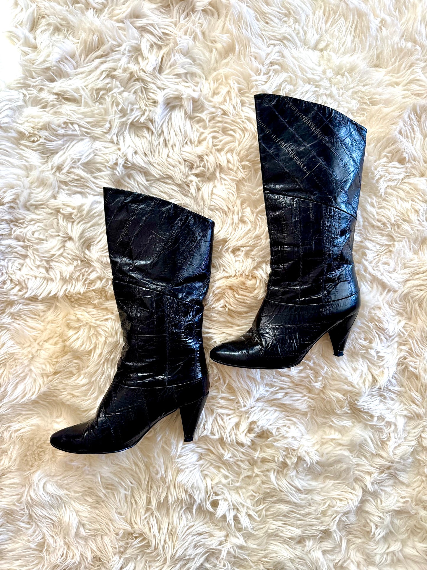 Women’s Vintage 1970’s Black Eel Skin Boots, 6 W