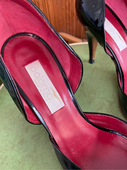 Vintage 1950's Patent Peep-Toe Heels, Black & Bubble Gum Pink w/ Lipstick Red Suede interior, Sz 36B EU 4.5BUS